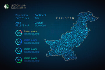 Pakistan map infographics vector template with abstract geometric mesh polygonal light concept on blue background. Template for diagram, graph, presentation and chart