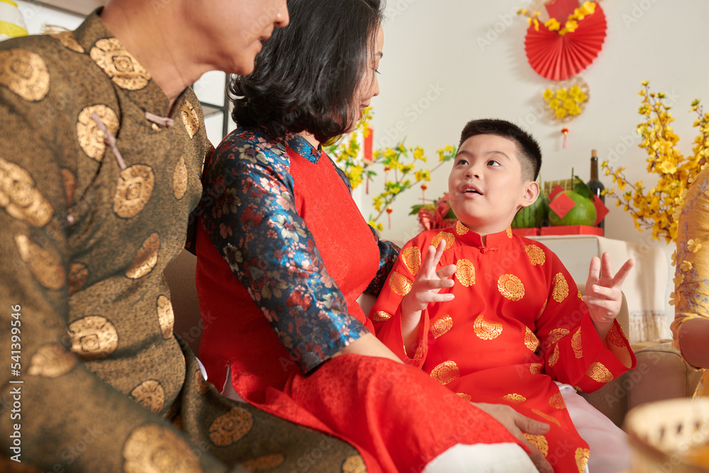 Sticker grandson and grandparents at tet celebration