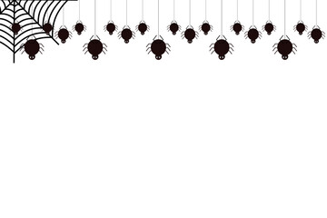 Happy Halloween. Vector illustration. Banner, party invitation or wallpaper background for halloween with creepy spiders hanging from web.  Place for text. Halloween background and pattern.
