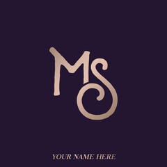MS monogram logo.Calligraphic signature icon.Elegant letter m, letter s.Lettering sign.Wedding, fashion, beauty, gift boutique alphabet initials.Luxury decorative antique style rose gold characters.