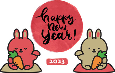 年賀状テンプレート 2023年 卯年 招きうさぎのベクターイラスト happynewyear 日の丸背景