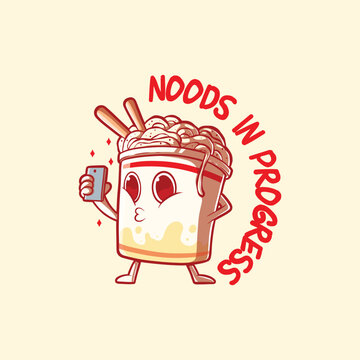 Noodles package character taking a selfie vector illustration. Food, funny, communication design concept.