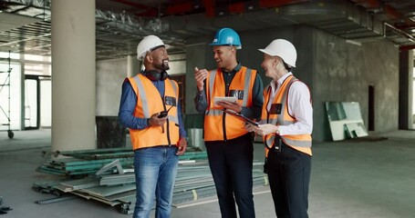 Construction workers, building engineers or tablet in teamwork planning, architecture innovation or property engineering. Smile, happy or talking builder diversity men or woman with technology design