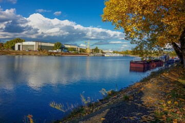 Fototapeta na wymiar port in bratislava on danube river in autumn