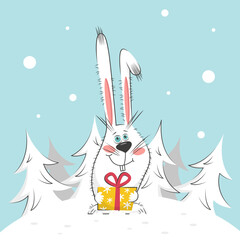vector new year illustration rabbit with a gift near the forest