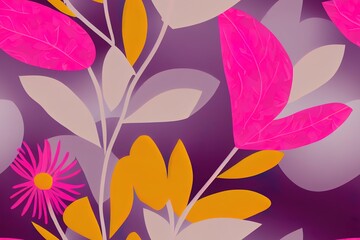 Fototapeta na wymiar pink yellow and grey 2d illustrated flowers with leaves pattern on pink background