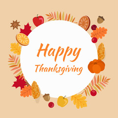 Thanksgiving greeting card template with autumn elements.