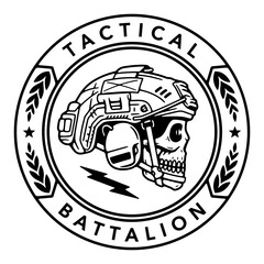SKULL WITH A MILITARY HELMET BADGE TACTICAL BATTALION BLACK WHITE BACKGROUND