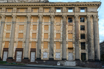Damaged facade of Kharkiv Region State Administration building after the russian missiles shelled in Kharkiv, Ukraine,