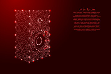 Music column, loudspeaker box, from futuristic polygonal red lines and glowing stars for banner, poster, greeting card. Low poly concept. Vector illustration.. © elenvd