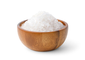 Pure natural sea salt in wooden bowl isolated on white background. Clipping path.