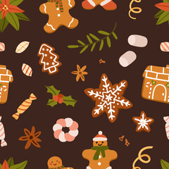 Christmas cookies pattern. Seamless background with gingerbread man, ginger biscuits, candies, Xmas sweets, spices. Winter holiday bakery and treats, repeating print. Colored flat vector illustration - obrazy, fototapety, plakaty