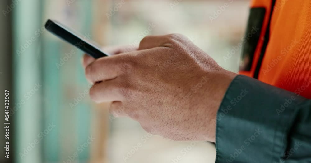 Poster Social media, internet and hands of an architect with a phone for communication, construction website and building app. Construction worker working on a mobile, typing on web and doing search on site
