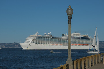 Princess cruiseship or cruise ship liner Royal P in San Francisco port Bay terminal sail away...