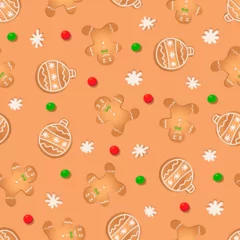 Foto auf Glas Seamless pattern with ginger cookies on a brown background. Gingerbread man, New Year's ball, snowflake © Светлана Громак