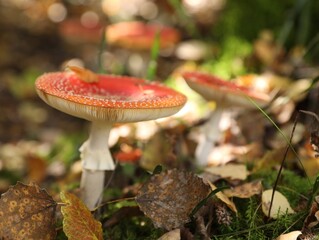 Mushrooms and fallen leaves growing in forest