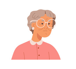 Elderly woman with wrinkled face portrait. Senior old female character in eyeglasses, head avatar. Sad gray-haired person in round glasses. Flat vector illustration isolated on white background