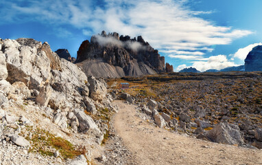 Exciting morning view from the in National Park Tre Cime di Lavaredo hiking trail with a beautiful...