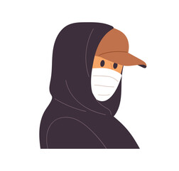 Anonymous person wearing medical mask, cap, hood. Incognito hiding face. Secret suspicious man portrait. Unrecognized unidentified human. Flat vector illustration isolated on white background - obrazy, fototapety, plakaty