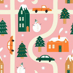 Hand drawn houses for winter, New Year and Christmas fabrics and decor. Northern town. Seamless pattern.