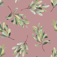 Field herbs, hand painted watercolor mistletoe green branches illustrations. Herbarium, botanical elements for design. Watercolor hand drawn seamless pattern, wallpaper, wrapping paper