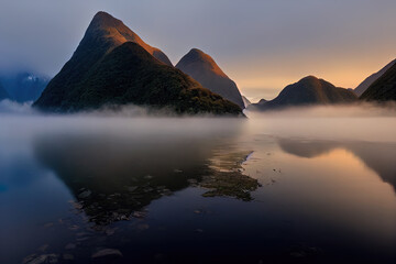 Misty sunrise in fjordland