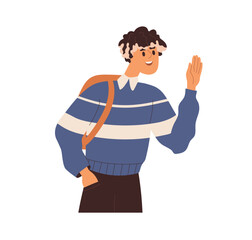 Young student greeting with hi gesture, waving with hand. Happy smiling schoolboy saying hello, standing with backpack. Excited guy from school. Flat vector illustration isolated on white background
