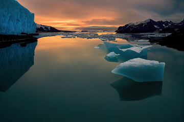 sunset over the glacial lake