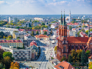 Old market, Basilica and sign #Bialystok in Bialystok city aerial view, Poland