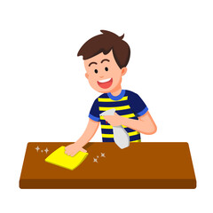 a happy boy cleans the table with a rag and disinfectant