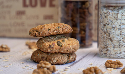 Diet cookies with oatmeal, seeds, nuts and raisins 