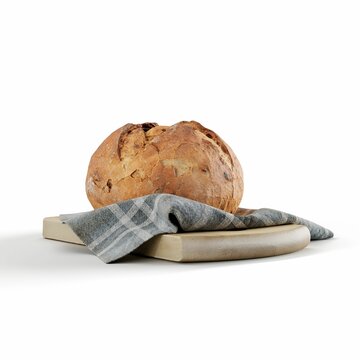 Naklejka 3D illustration of fresh bread on the wooden board covered with a towel isolated on white background