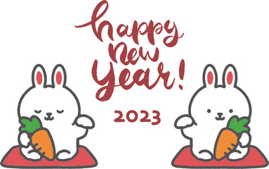 年賀状テンプレート 2023年 卯年 手書き 招きうさぎのベクターイラスト 白色背景　happynewyear