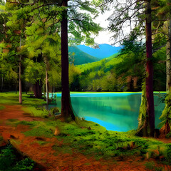 きれいな森や湖の風景イラストです。