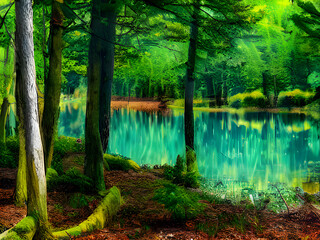きれいな森や湖の風景イラストです。