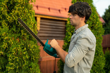 Male gardener is trimming an overgrown green thuja bush with an electric hedge clipper