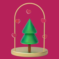 Happy New Year background. Green Christmas tree on gold round studio podium, realistic 3d decorative with hearts around. Xmas Decorations. illustration