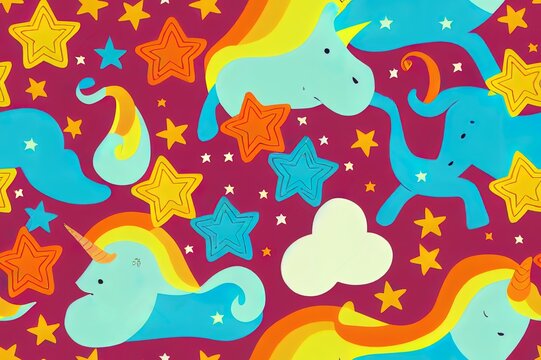 Seamless pattern with unicorns in the Doodle style. Rainbows, diamonds and stars on a white background. Bright illustration for children's clothing, Wallpaper, notebooks or gift wrapping.