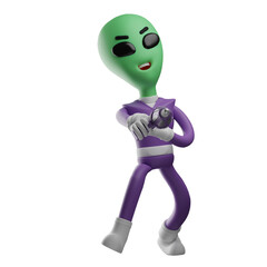  3D  illustration. Cheerful Alien 3D cartoon with happy face. with cute movements. hands are on the chest. 3D Cartoon Character
