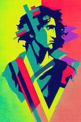 90s and 80s aesthetic graphic style, colourful, Memphis style, David by Michelangelo pop version, MTV