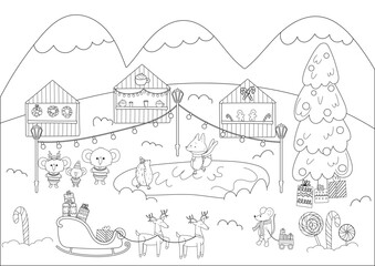 Coloring page Christmas market with cute animals.Christmas and New Year concept coloring book for adults and children