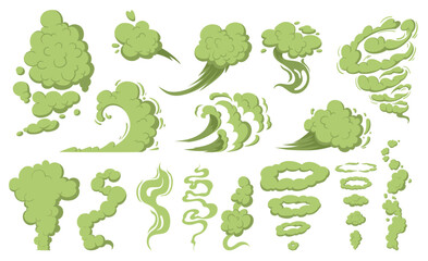 Cartoon bad smell poisonous clouds, stink, emissions, air pollution, clouds of smoking dust. Clouds of comics with an unpleasant smell, smoke from cigarettes, cooking steam. Vector set