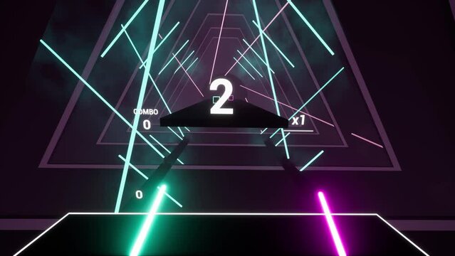 Gameplay of saber music rhythm game in first person VR. 3d character cuts cubes by beat by light sabers in saber game metaverse. 140 bpm. Neon environment and dynamic stage lights. Virtual reality.