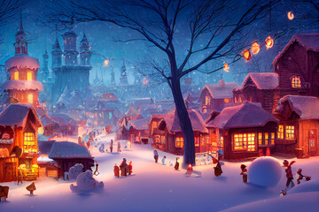 Digital illustration of a winter village at night. Art. Background, illustration. Realism