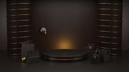 3D render of a Black Friday sale Display Podium on a dark background with Gifts, Shopping Bags, Balloon, and Golden accents