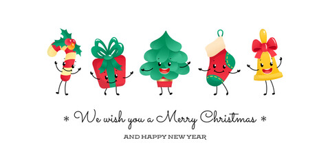 We wish you a Merry Christmas card and Happy New Year card with funny characters. Winter holiday illustration of a candy cane, a gift box, a fir tree, a sock and a bell isolated on a white background.