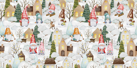 Christmas seamless pattern with cute gnomes, snow, trees, scandinavian houses. Decorative background. Hand painted illustrations. Country life. Holiday design for cards, wallpaper, scrapbooking - obrazy, fototapety, plakaty