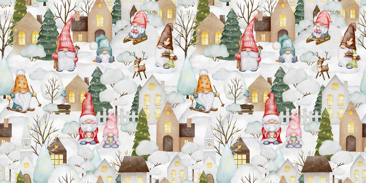Christmas seamless pattern with cute gnomes, snow, trees, scandinavian houses. Decorative background. Hand painted illustrations. Country life. Holiday design for cards, wallpaper, scrapbooking