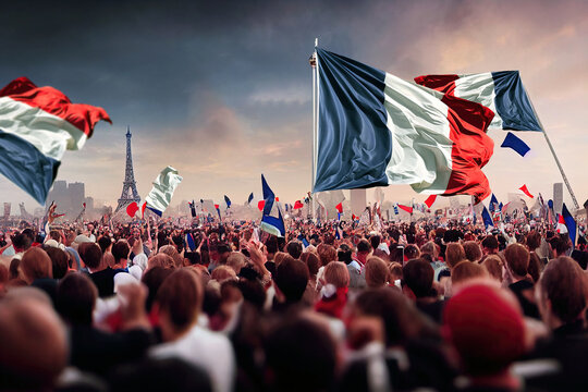 Generic unrecognizable crowds cheering or demonstrating with waving French flags with Eiffel tower background. Digitally generated rendering and Not based on any actual scene or reference image