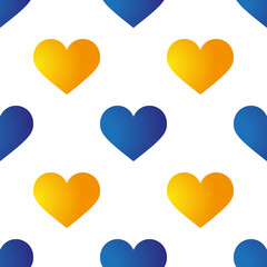 Blue and yellow Hearts. Seamless pattern. Vector illustration on white background. For original designs, cards, prints, designer packaging, and stylish textiles. Valentine Day. Ukraine support.
